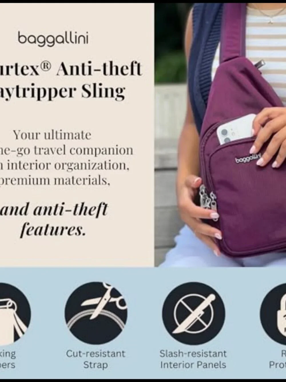 Anti-Theft Sling Crossbody Travel Bag Locking Zippers RFID Cut-Resistant